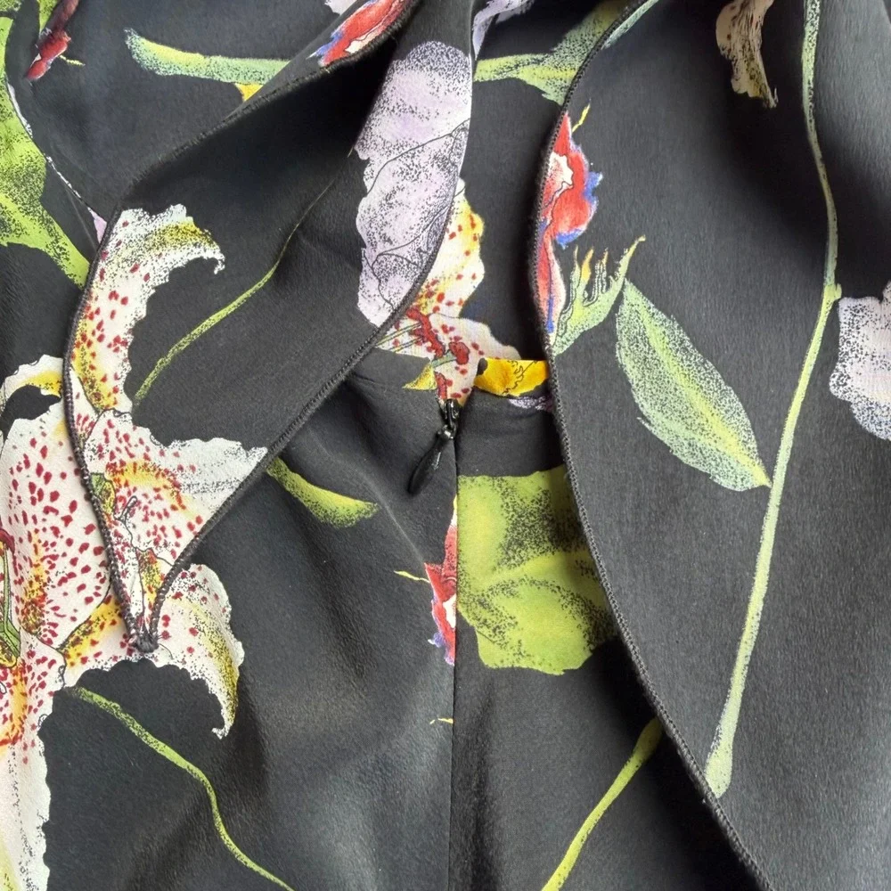 Nicole Miller Silk Floral Slip Dress Black Y2K Vintage Open Tie Back Small 4